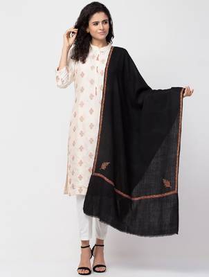 Women ethnic motifs embroidered wool stole with fringed border 1