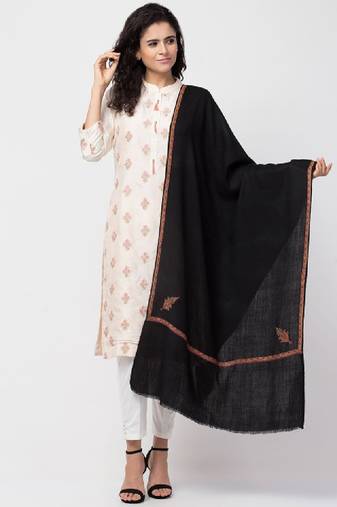 Women ethnic motifs embroidered wool stole with fringed border