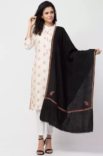 Women ethnic motifs embroidered wool stole with fringed border