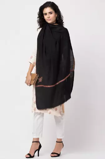 Women ethnic motifs embroidered wool stole with fringed border