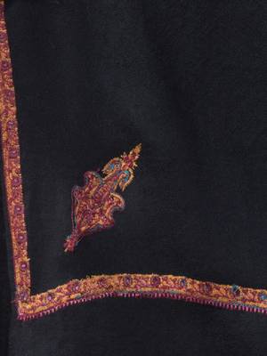 Women ethnic motifs embroidered wool stole with fringed border 4