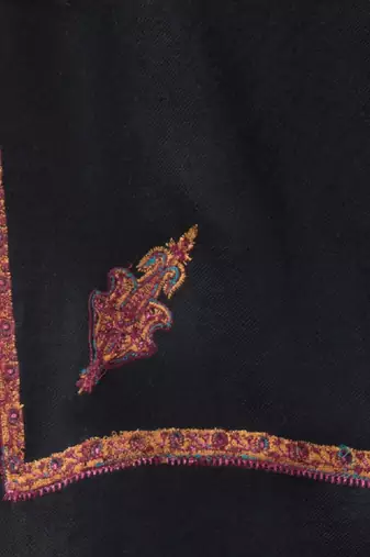 Women ethnic motifs embroidered wool stole with fringed border