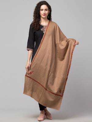 Women solid wool stole with kingri embroidery & fringes 1