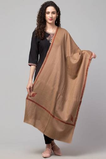 Women solid wool stole with kingri embroidery & fringes