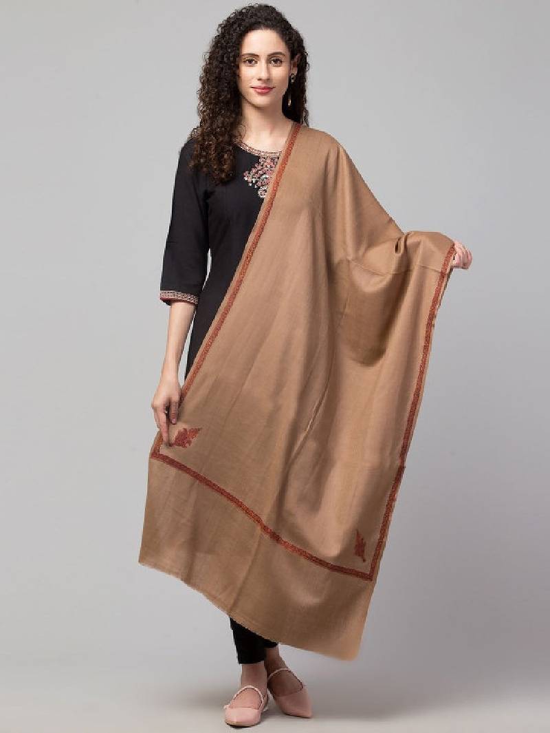 Women solid wool stole with kingri embroidery & fringes