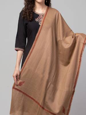 Women solid wool stole with kingri embroidery & fringes 2