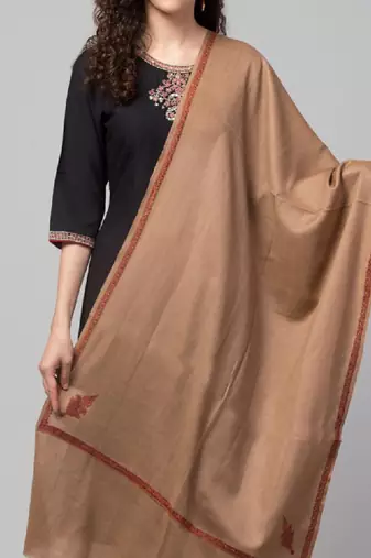 Women solid wool stole with kingri embroidery & fringes