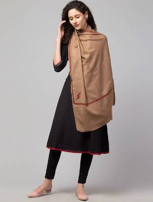 Women solid wool stole with kingri embroidery & fringes 3