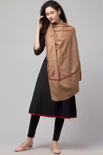 Women solid wool stole with kingri embroidery & fringes