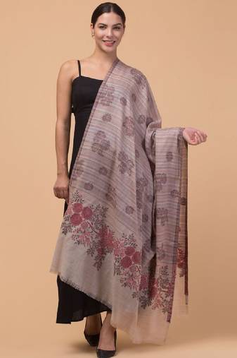 Floral woven design fringed woollen shawl