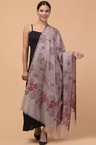 Floral woven design fringed woollen shawl