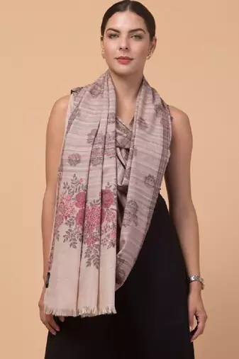 Floral woven design fringed woollen shawl