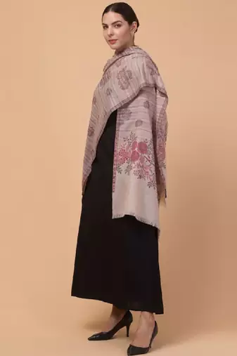 Floral woven design fringed woollen shawl