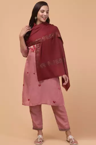 Aari embroidered border woollen shawl