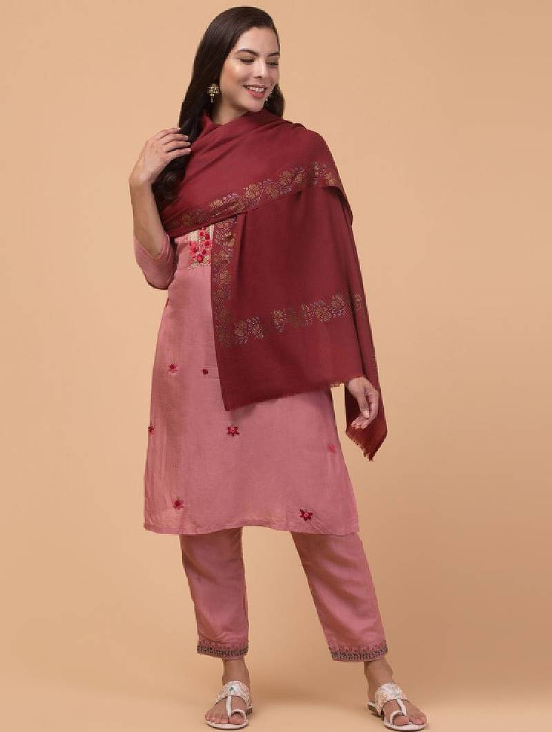 Aari embroidered border woollen shawl