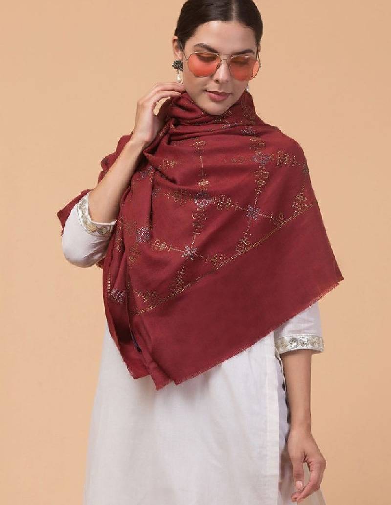 Floral woven design beads and stones woollen shawl
