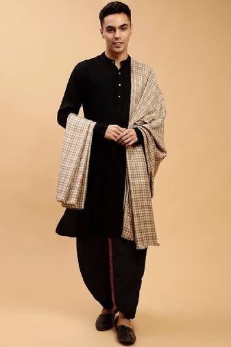 Checked woven-design woollen shawl