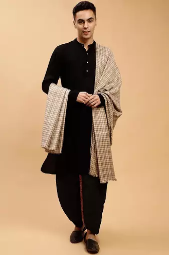 Checked woven-design woollen shawl