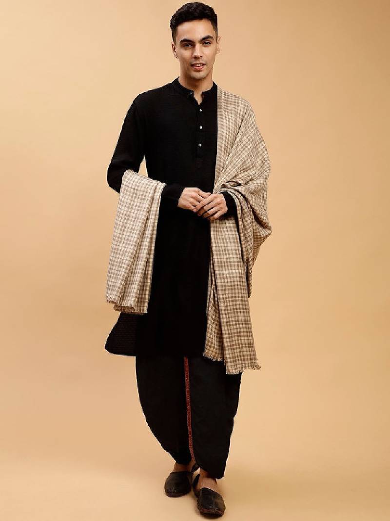 Checked woven-design woollen shawl