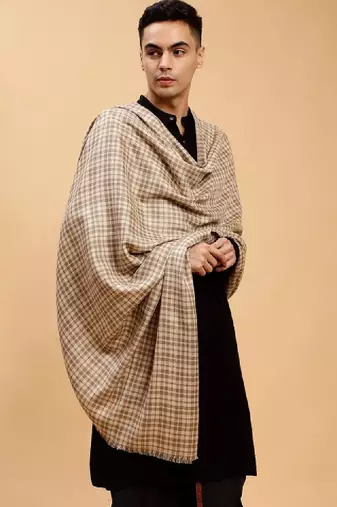 Checked woven-design woollen shawl