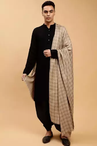 Checked woven-design woollen shawl