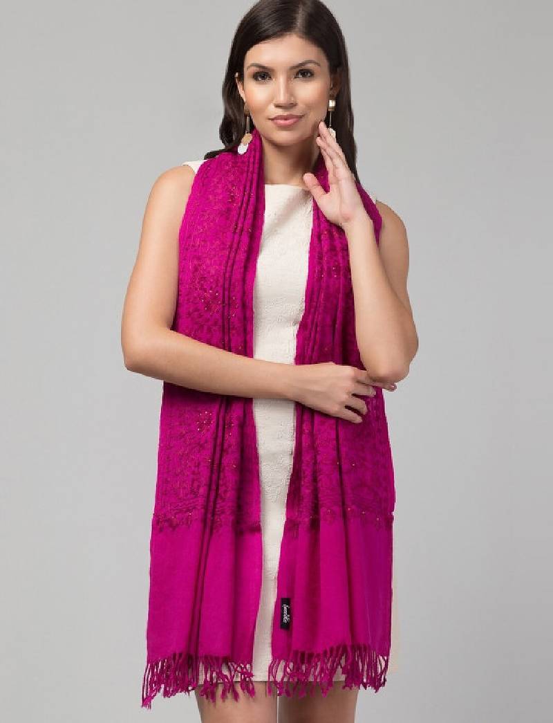 Kashmiri floral embroidered beads and stones pure wool shawl
