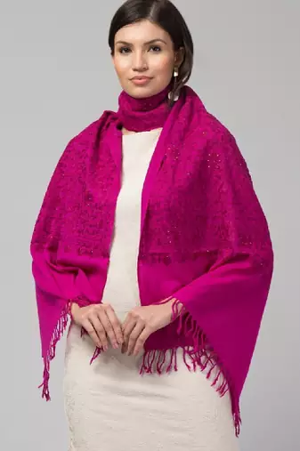 Kashmiri floral embroidered beads and stones pure wool shawl