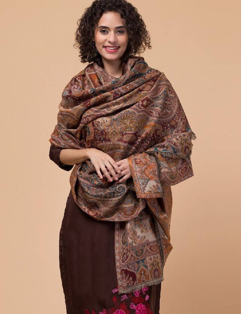 Women ethnic motifs woven-design wollen shawl
