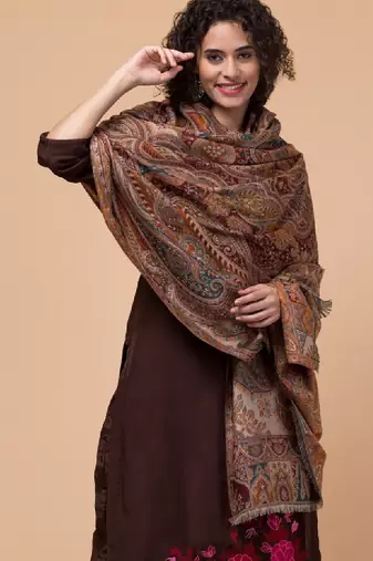 Women ethnic motifs woven-design wollen shawl