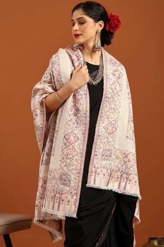 Floral woven design zari fringed acrylic shawl
