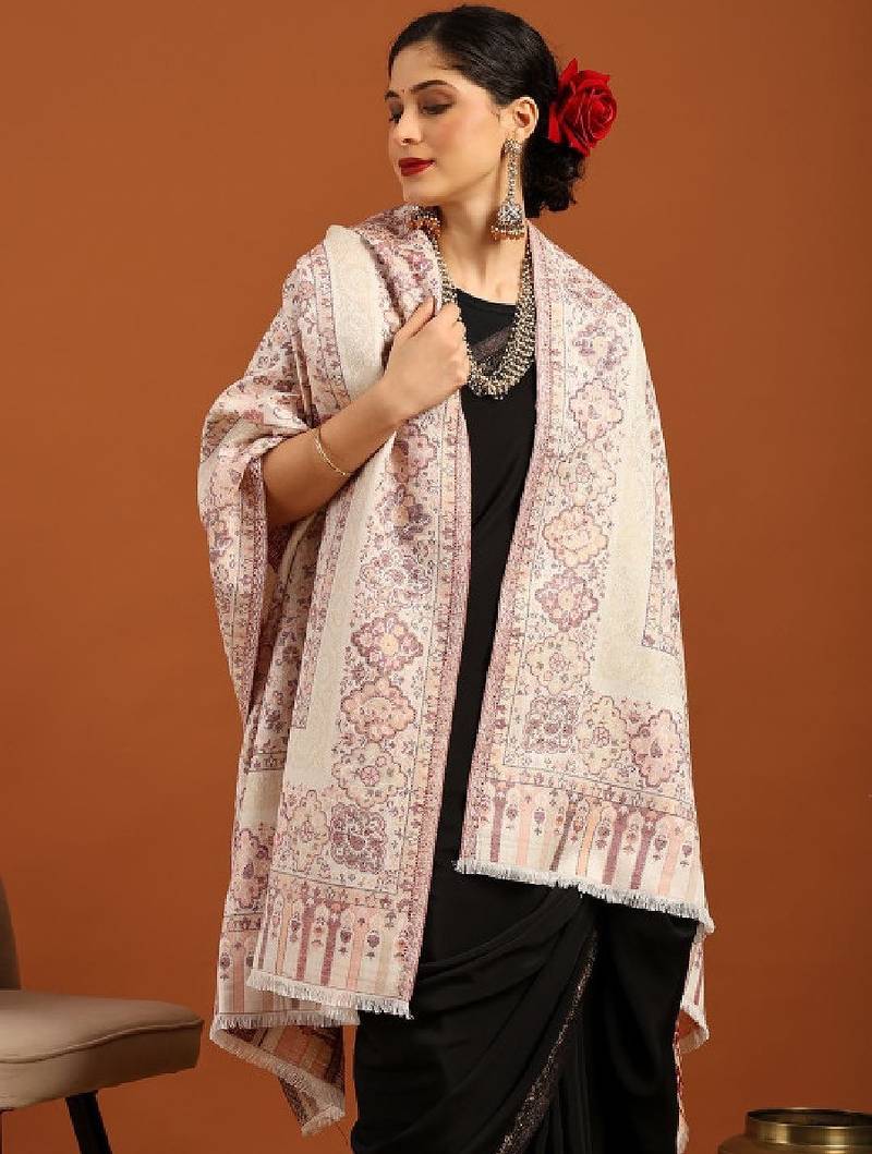 Floral woven design zari fringed acrylic shawl