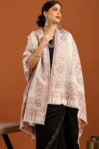 Floral woven design zari fringed acrylic shawl