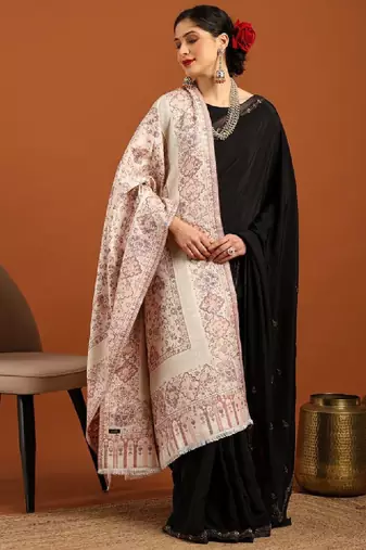 Floral woven design zari fringed acrylic shawl