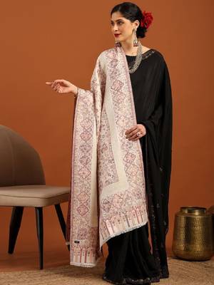 Floral woven design zari fringed acrylic shawl 4