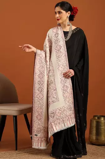 Floral woven design zari fringed acrylic shawl