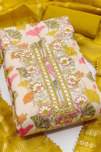 mustard soft silk sequence embroidery work unstitched dress material