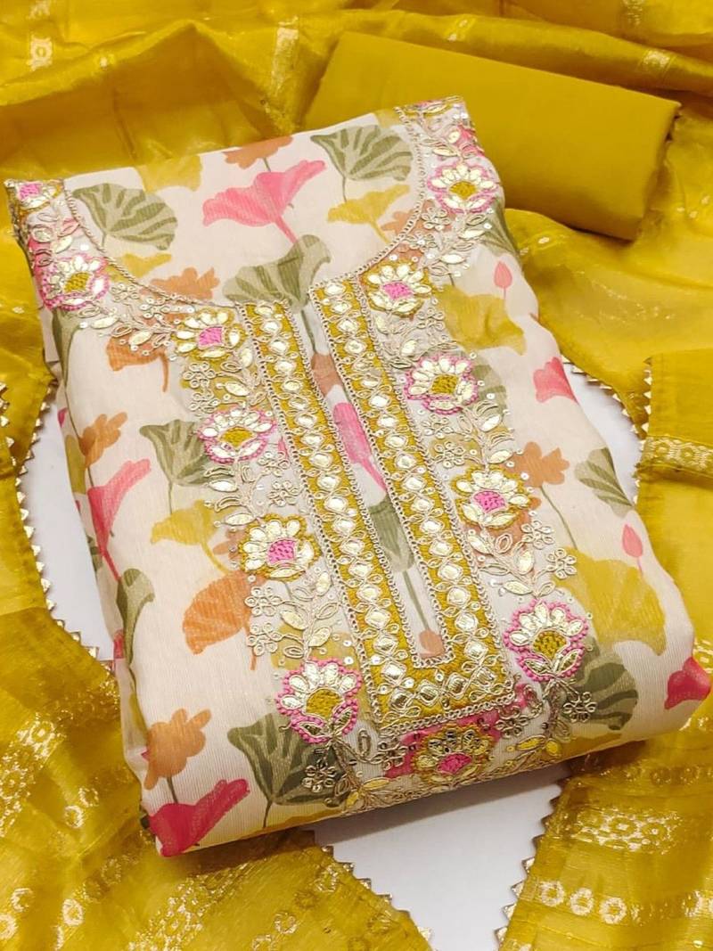 mustard soft silk sequence embroidery work unstitched dress material