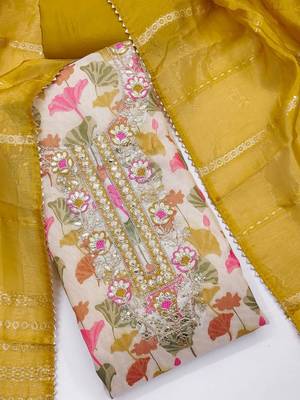 mustard soft silk sequence embroidery work unstitched dress material 2