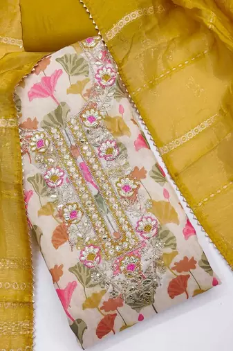 mustard soft silk sequence embroidery work unstitched dress material