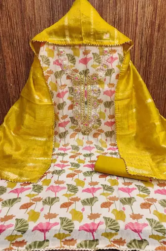 mustard soft silk sequence embroidery work unstitched dress material