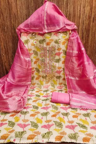 pink soft silk sequence embroidery work unstitched dress material