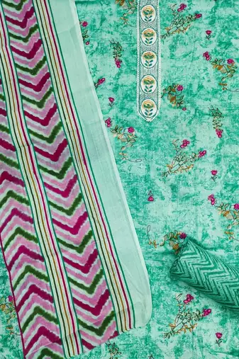 women teal printed floral dress material