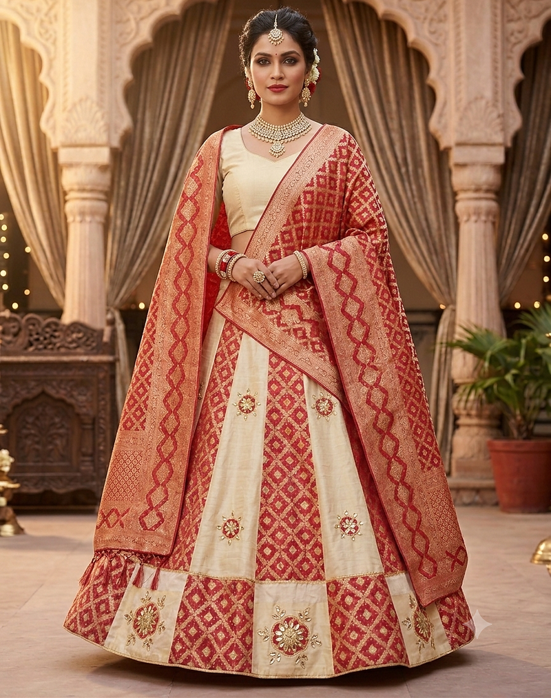 cream and red gota work lehenga 