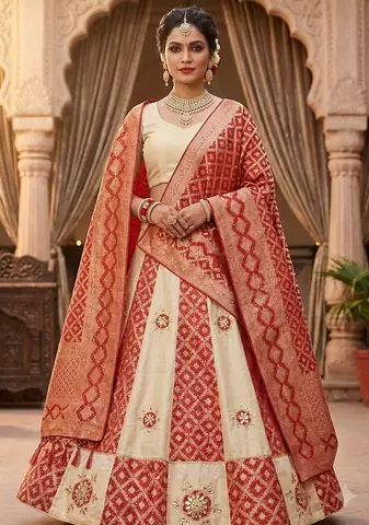 cream and red gota work lehenga 