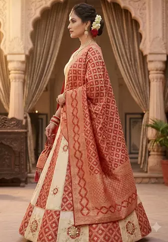 cream and red gota work lehenga 