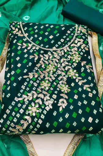 geometric printed embroidered zari unstitched dress material