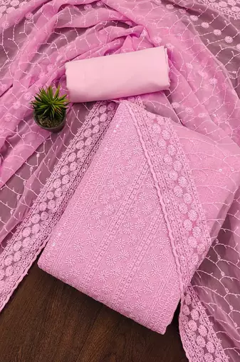 pink embroidered unstitched dress material