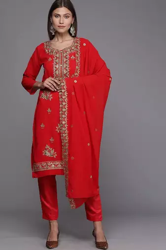 red & gold-toned embroidered unstitched dress material