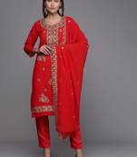 red & gold-toned embroidered unstitched dress material