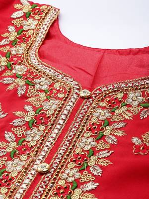 red & gold-toned embroidered unstitched dress material 2